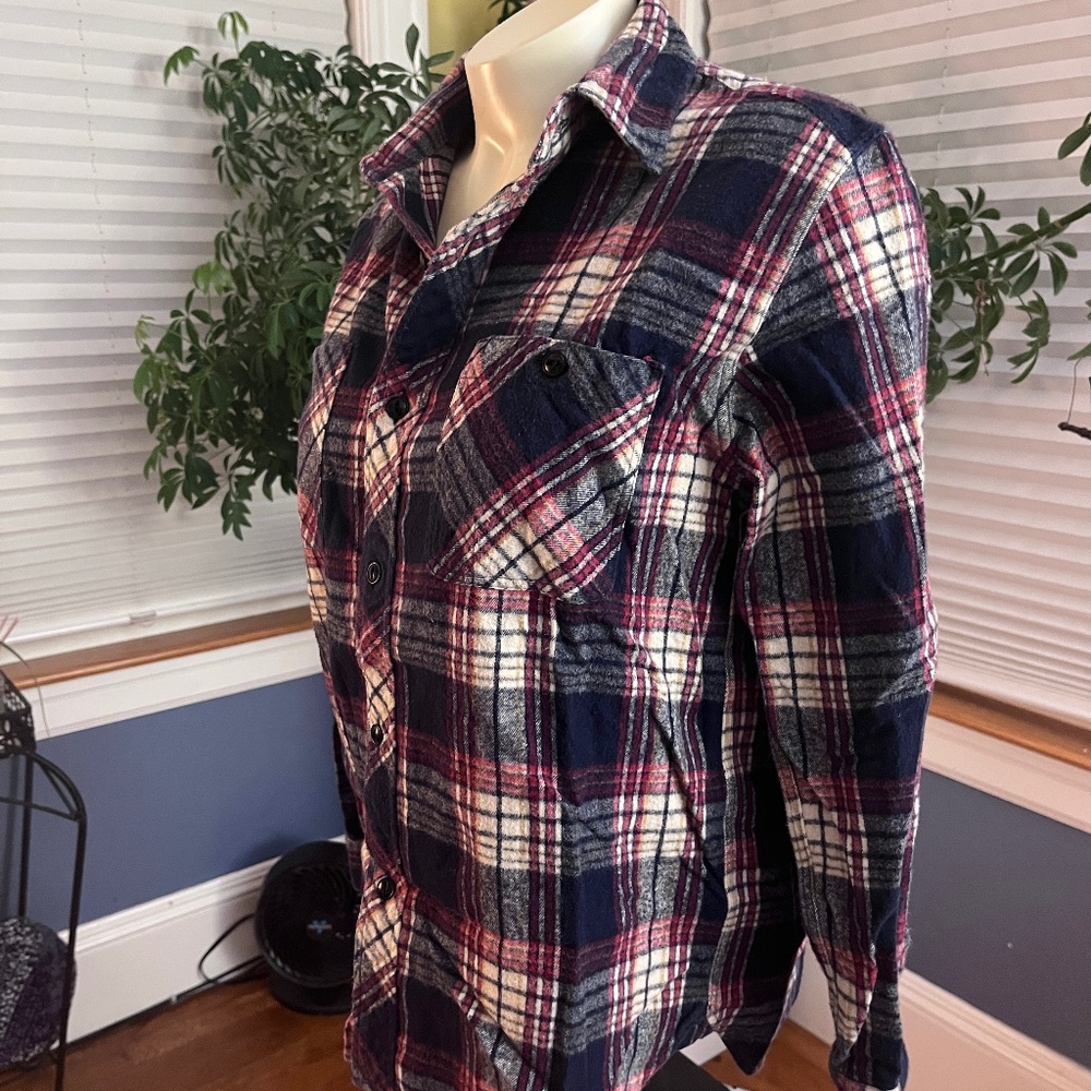 Beams Boy Women's L/S Blue Plaid Flannel Button-up Top